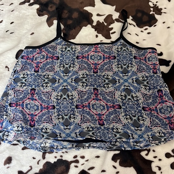 Geo print sheer layer crop top XS blue pink boho breezy chiffon Sans Souci NEW - Picture 7 of 9